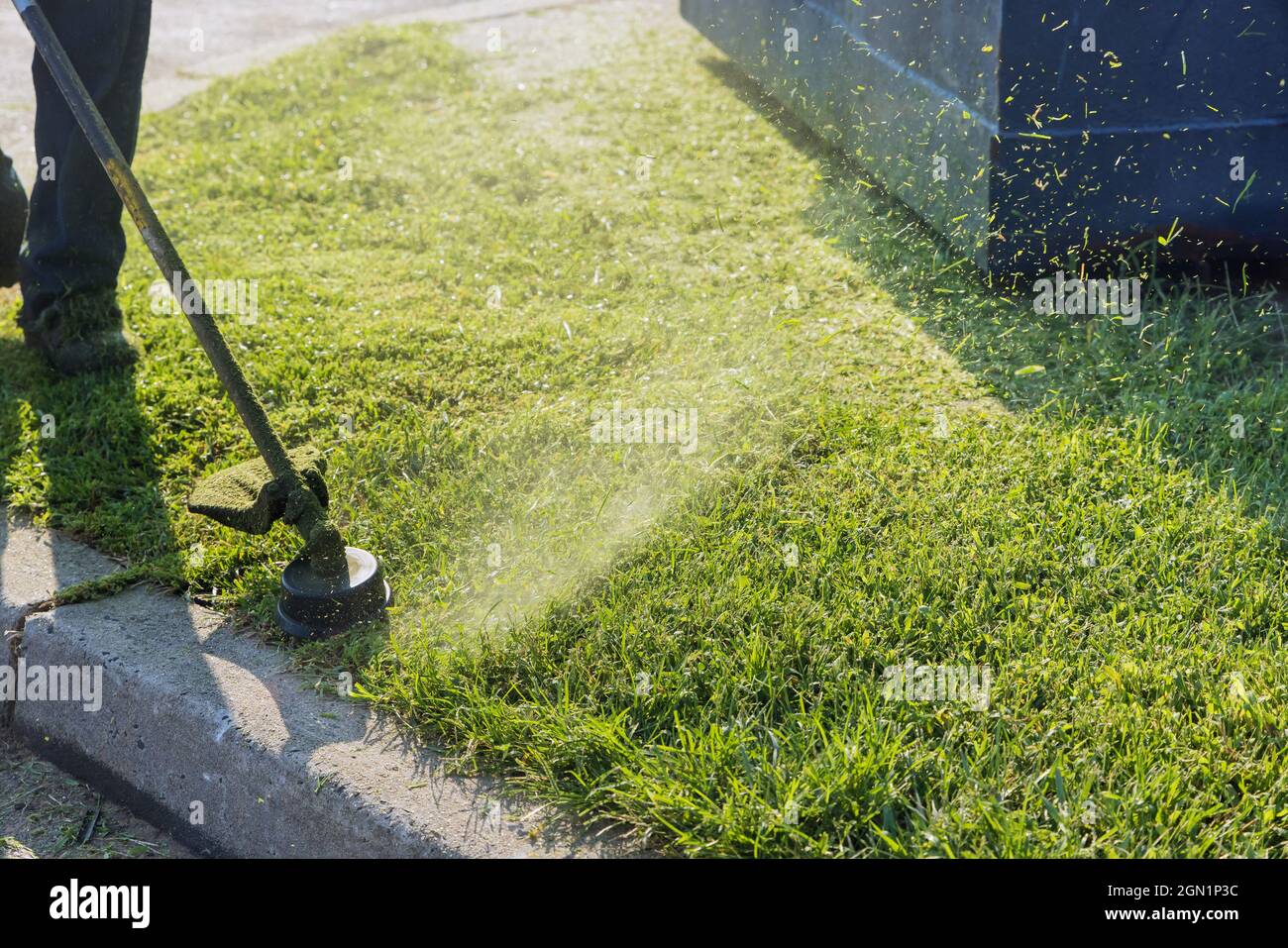 Close up on string trimmer head weed cutter brushcutter working in the yard cutting grass in garden Stock Photo