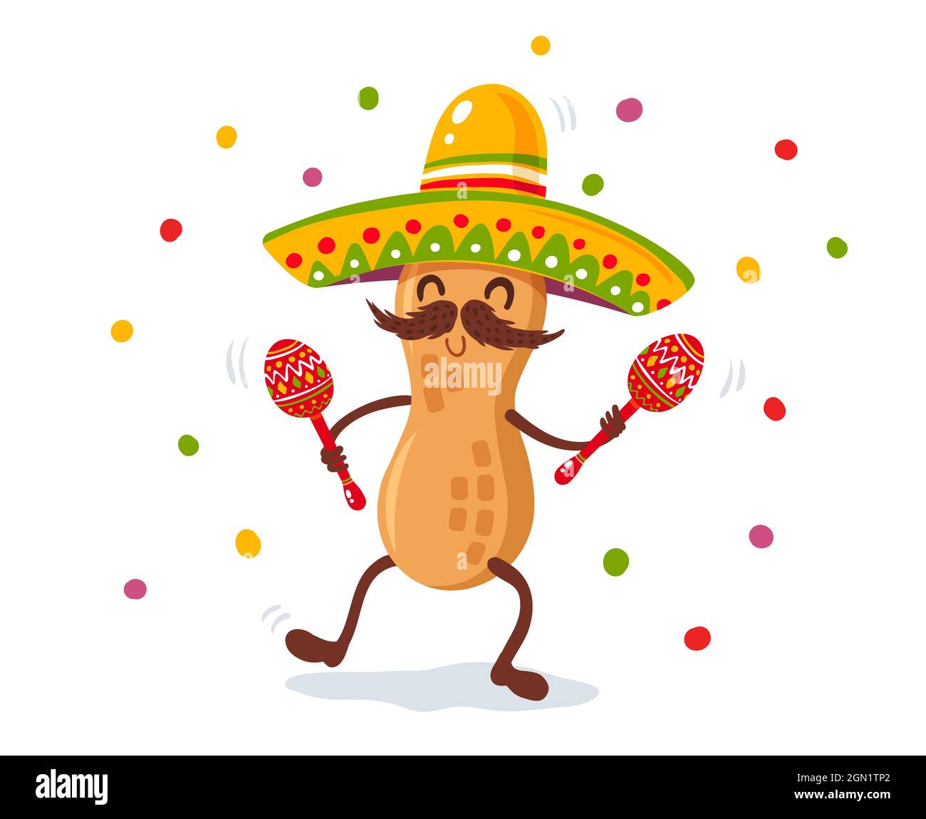Vector poster for Cinco de mayo with peanut with mexican sombrero and maracas. Cinco de mayo festival. Vector illustration of peanut in sombrero for C Stock Vector