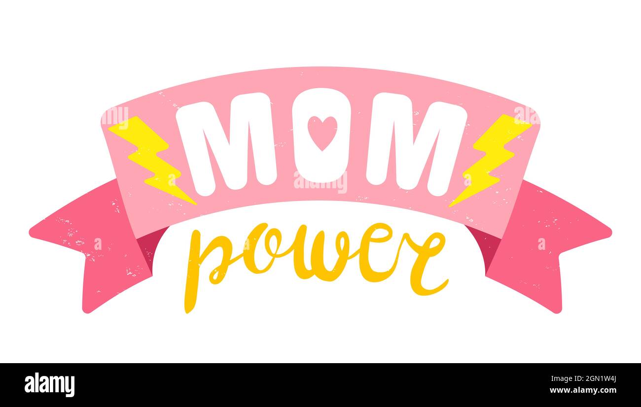 Vector vintage logo with pink ribbon for Mother day. Retro emblem for Mom. Poster of mom power with pink ribbon for Mother day. Stock Vector