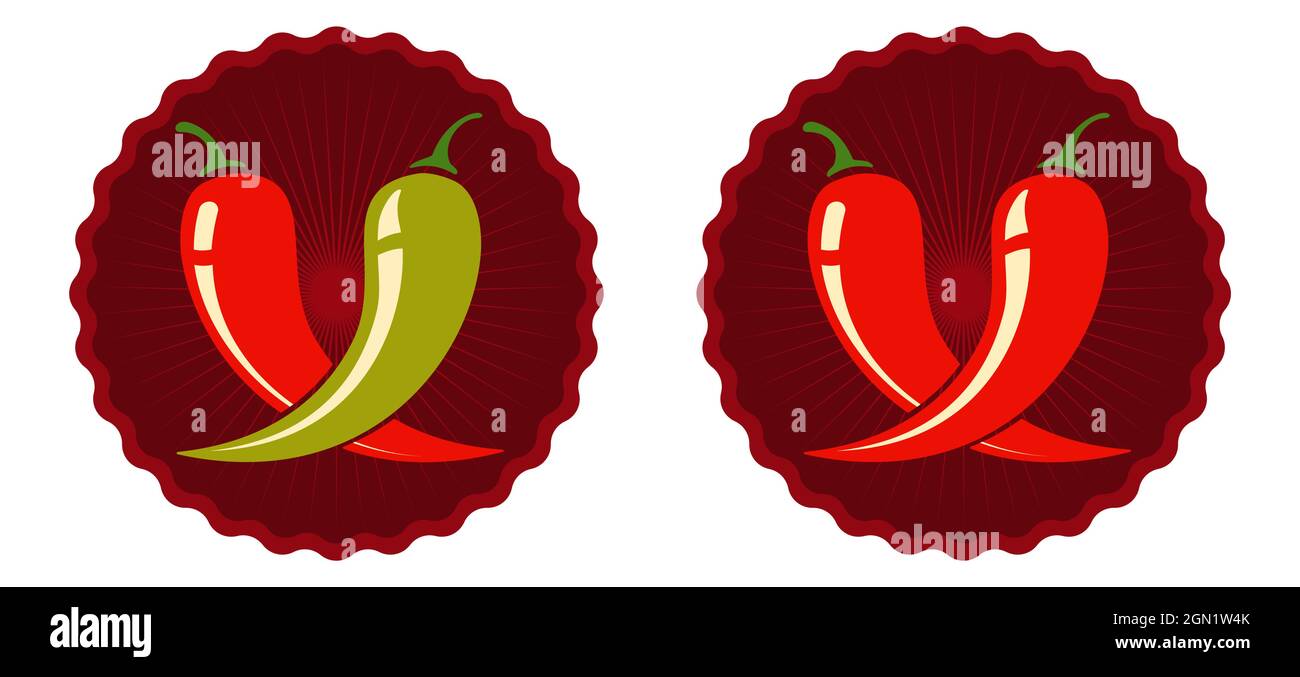 Vector set emblems with red and green chilli peppers. Vector emblems jalapeno or chilli peppers. Chili pepper. Stock Vector