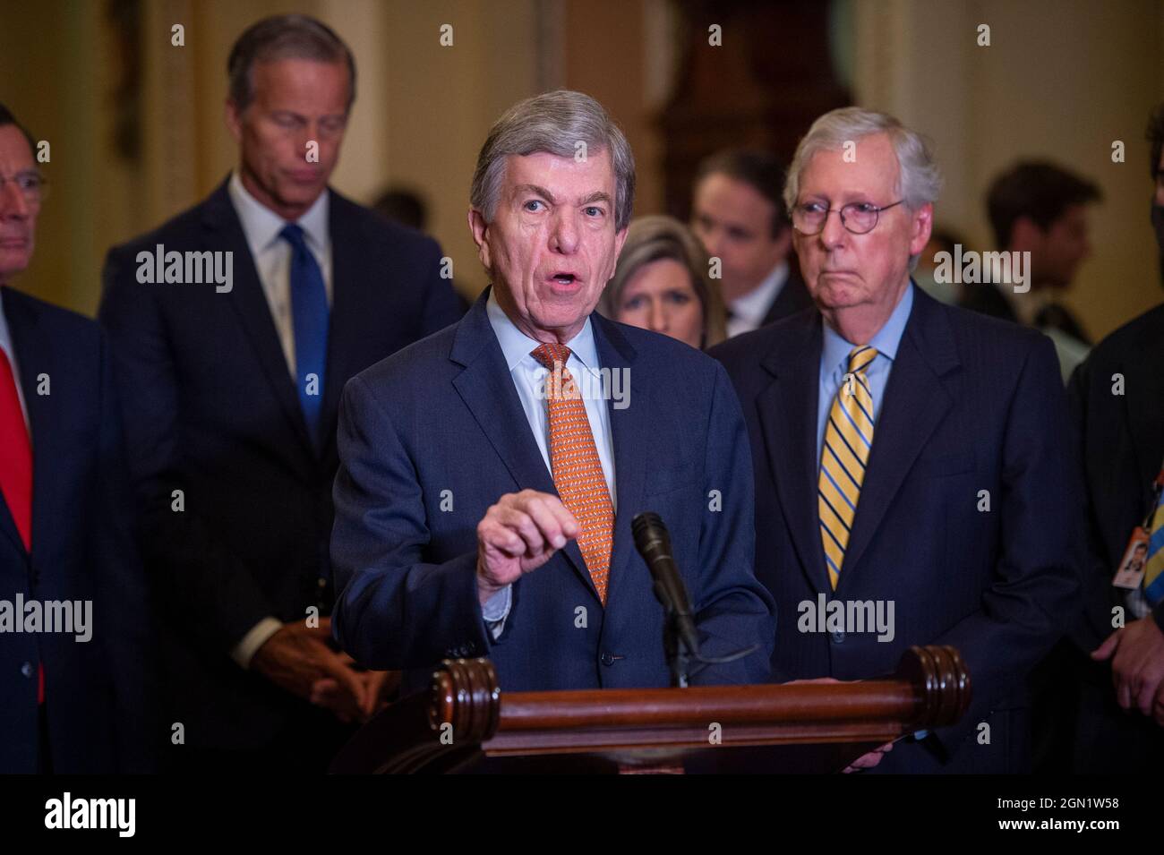 United States Senator Roy Blunt (Republican of Missouri) offers remarks at a press conference following the Senate Republican’s policy luncheon at the US Capitol in Washington, DC, Tuesday, September 21, 2021. Credit: Rod Lamkey / CNP/Sipa USA Stock Photo