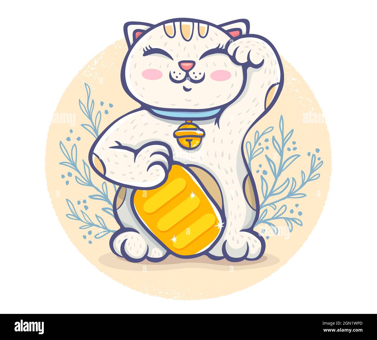 Vector poster with lucky cat. Neko on beige background with plants. Vector kawaii lucky cat. Stock Vector