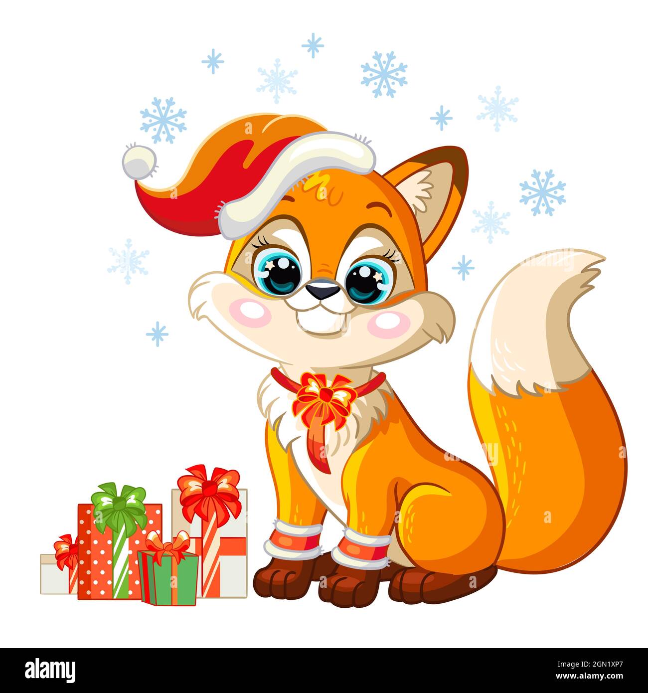 Cute fox in a Christmas hat with gifts and snowflakes. Cartoon fox character. Vector cartoon isolated illustration. For postcard, posters, design, gre Stock Vector