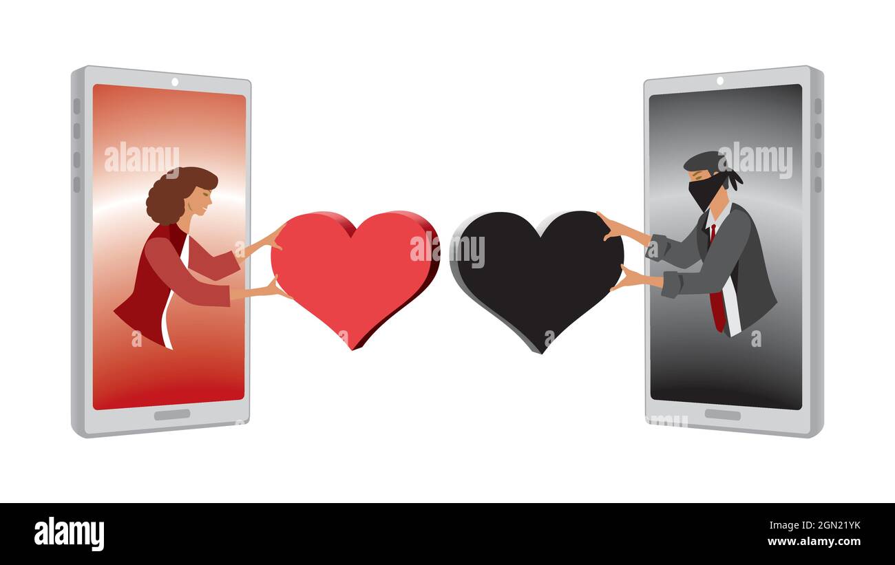 Crime online. Man with black heart flirting with woman online. Vector illustration. Stock Vector