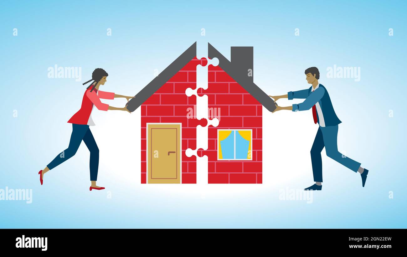 Moving together. Man and woman puzzle house together. Vector illustration. EPS10. Dimension 16:9. Stock Vector