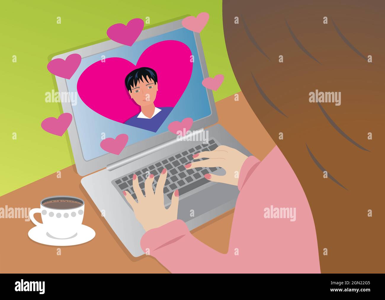 Finding love online. Woman falling in love with man. Sitting chatting on laptop. Vector illustration. EPS10. Stock Vector