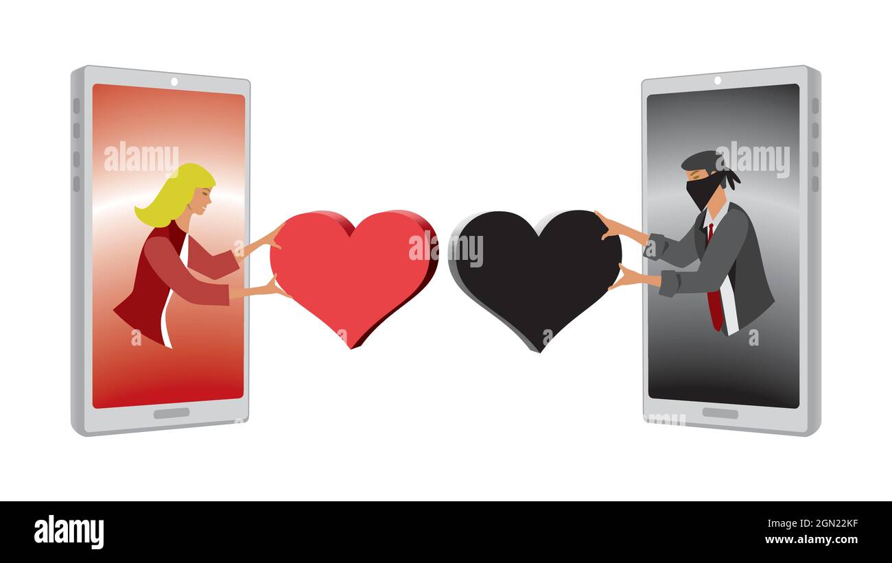 Dishonest man giving black heart to woman with red heart. Crime online. Vector illustration. EPS10. Stock Vector