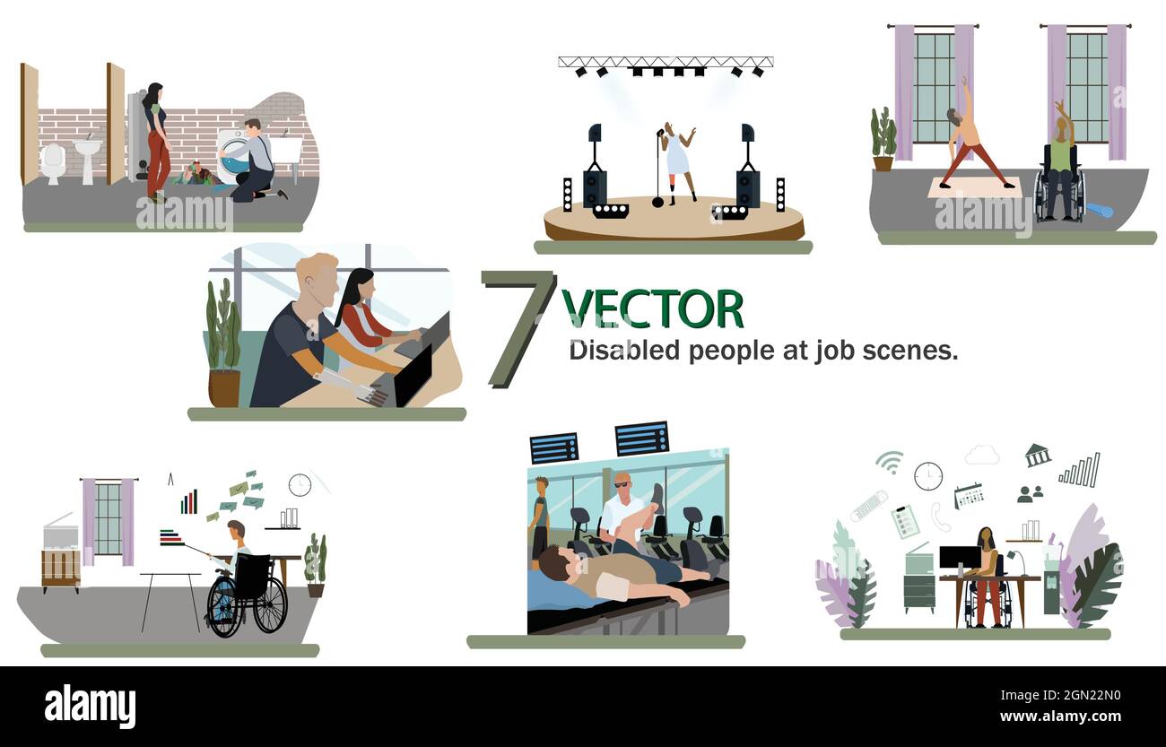 set of disabled people at job scenes, plumber with leg prosthesis, disabled woman in wheelchair doing yoga, Visually impaired male Physical Therapist. Stock Vector