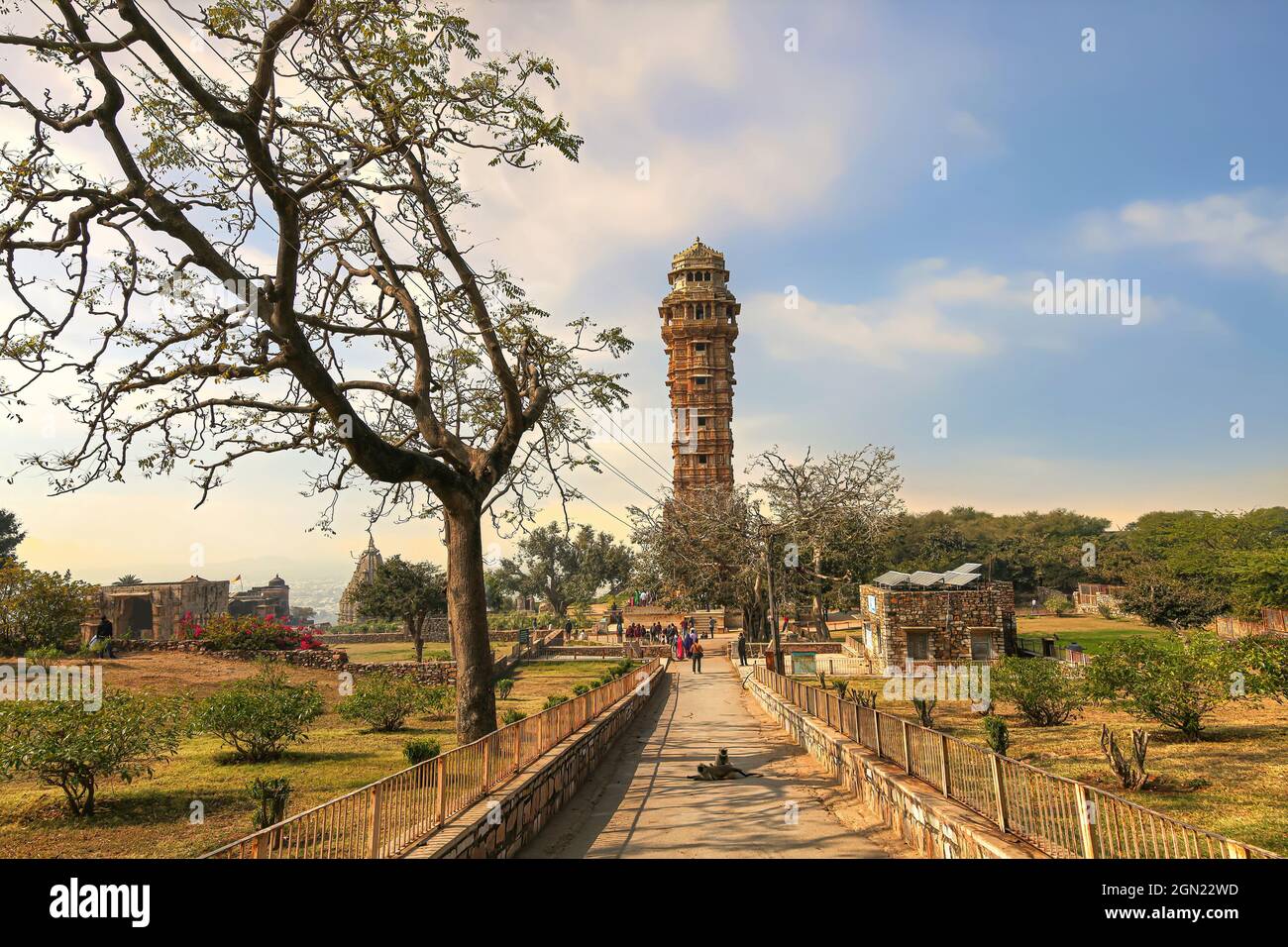 Victory monument known as the 'Vijaya Stambha' with ancient ruins at Chittorgarh Fort  built in the year 1448 at  Chittor Rajasthan Stock Photo