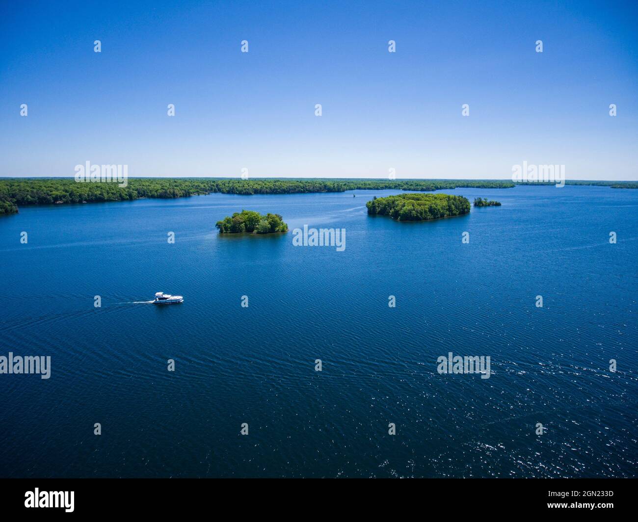 Aerial view of Le Boat Horizon houseboat and islands, Upper Rideau Lake