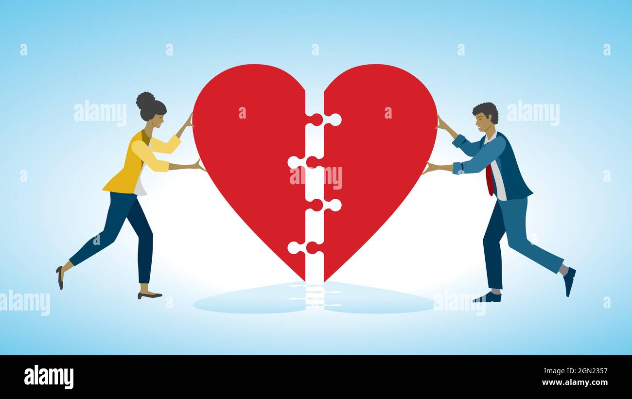 Woman and man putting heart together. Stock Vector