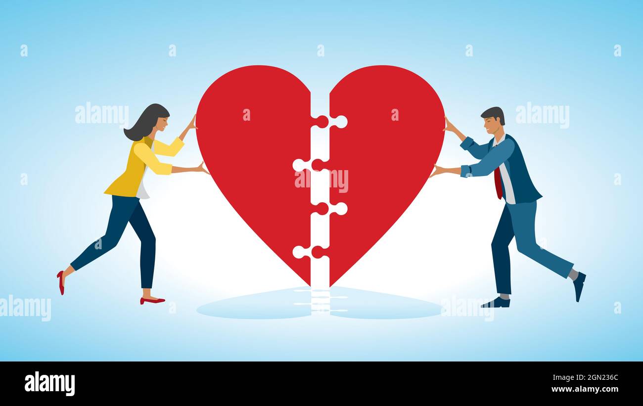 Finding love and go in to relation. Woman and man put heart together. Vector illustration. EPS10. Stock Vector