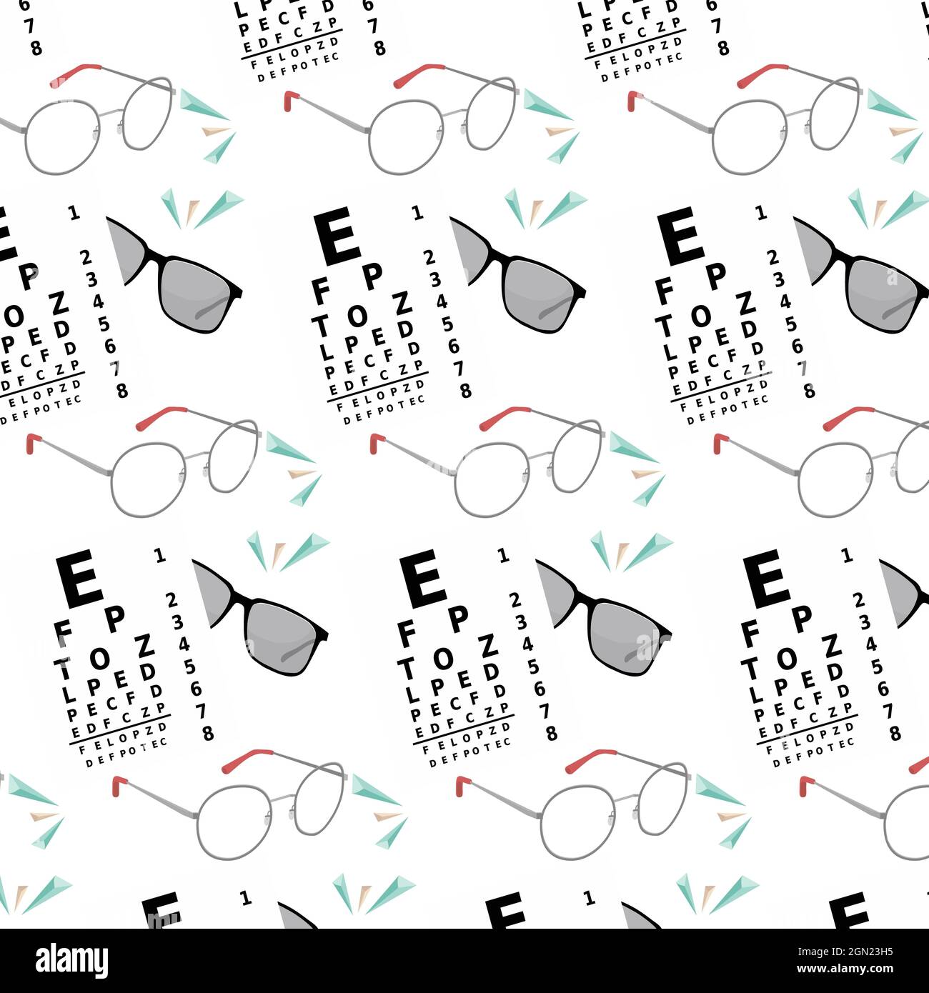 Ophthalmology Seamless pattern with Optical eyes test and eyeglasses. Stock Photo