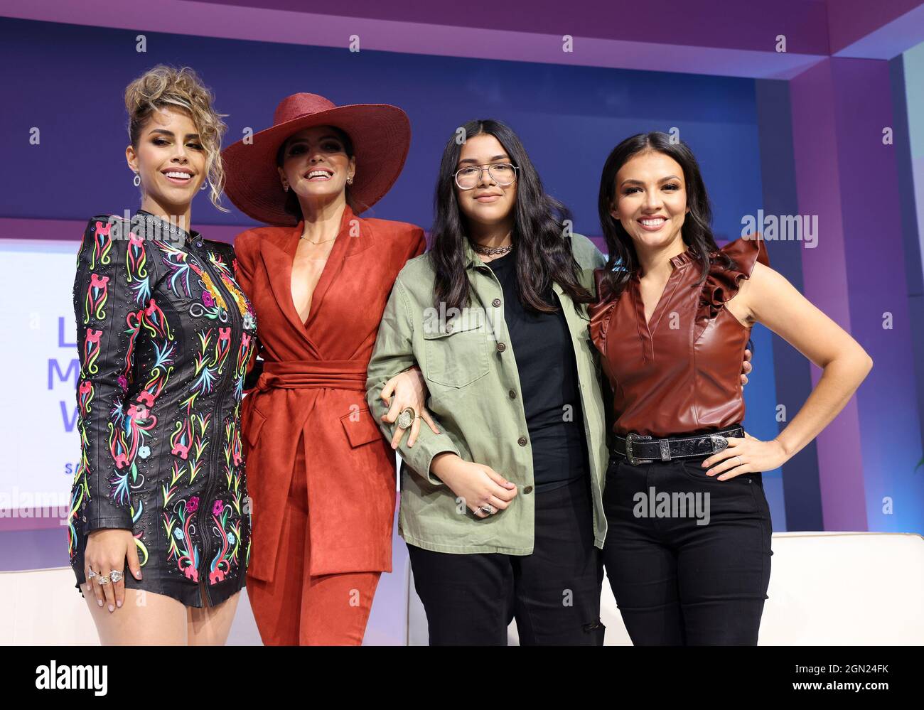 MIAMI BEACH, FLORIDA - SEPTEMBER 21: (L-R) Adriana Rios, Ana Barbara,  Ivonne Galaz and Lupita Infante attend the Billboard Latin Music Week 2021  at Faena Forum on September 21, 2021 in Miami