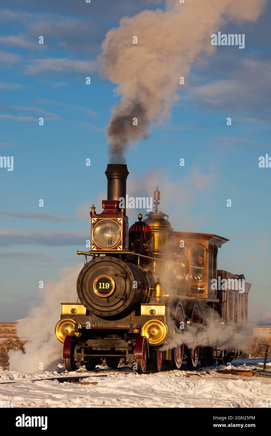 Union Pacific steam engine 119 in winter, Golden Spike National Historic Site, Utah Stock Photo