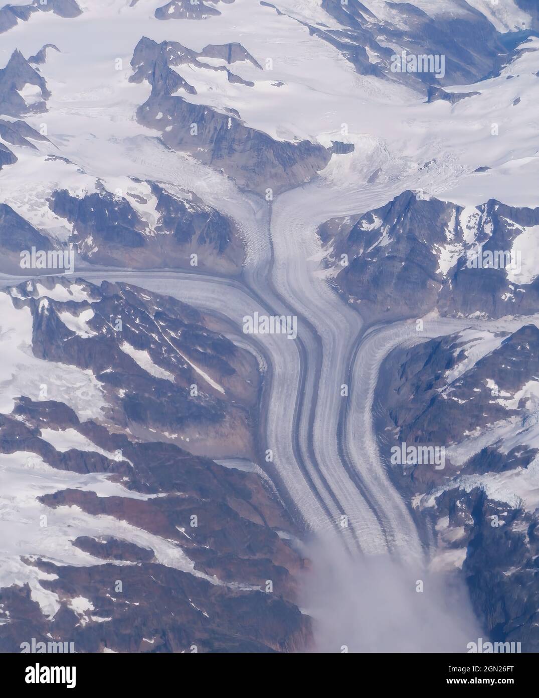 4 glaciers flowing together as seen from the air, Greenland Stock Photo
