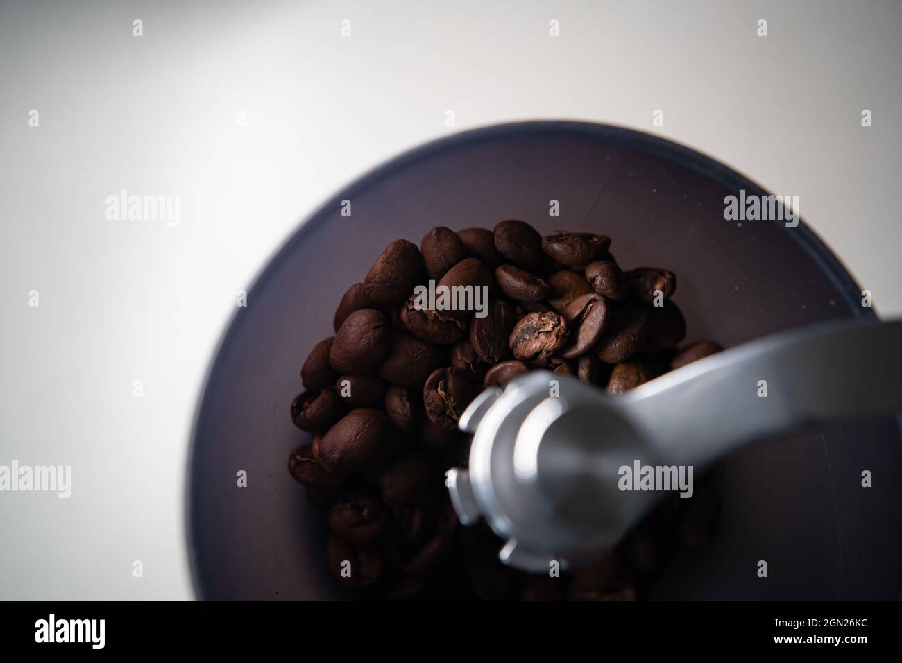 roasted coffee beans in a coffee grinder Stock Photo