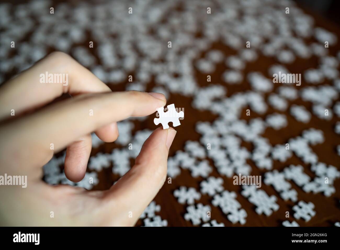 Left hand holding a piece of white jigsaw puzzle Stock Photo - Alamy