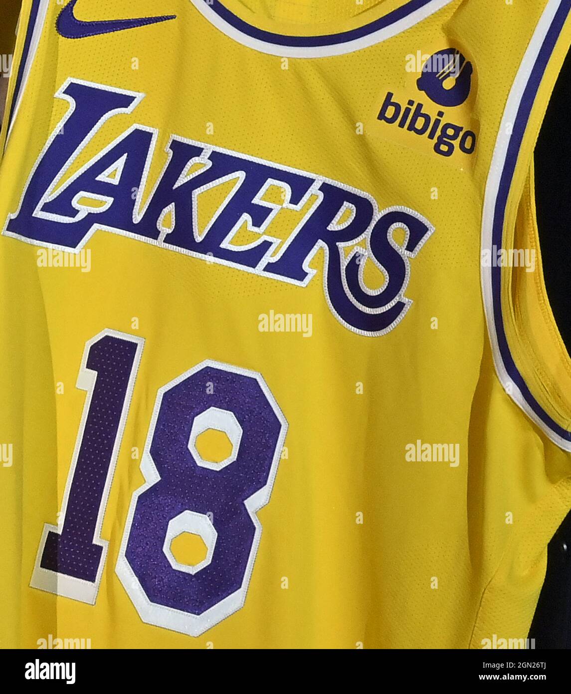 A new Los Angeles Lakers' jersey with a Bibigo patch is seen during the team's kick-off event to announce a new global marketing partnership with Bibigo, a popular South Korean food company at the UCLA Health Training Center in El Segundo, California on Monday, September 20, 2021. Ahead of the 2017-18 NBA season, the NBA put into action its patch program that allowed NBA teams to rent out a small square (2.5 inches by 2.5 inches) on the left shoulder of their jerseys to outside companies. The Lakers' $100 million partnership with Bibigo is now the largest jersey patch deal in the NBA. It's als Stock Photo