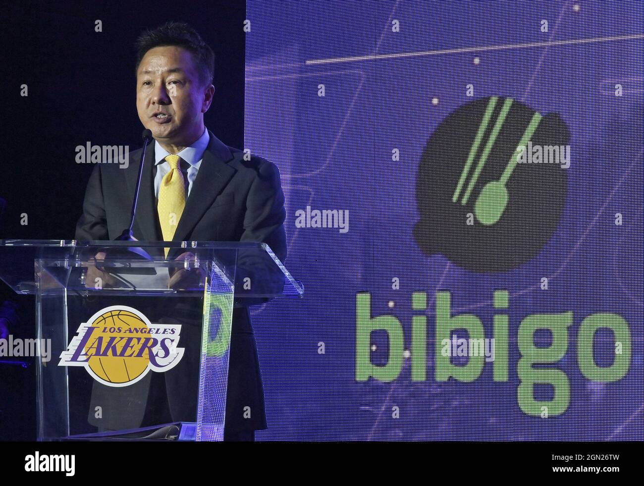 Wookho Kyeong, CMO of CJ CheilJedang speaks during the Los Angeles Lakers kick-off event to announce a new global marketing partnership with Bibigo, a popular South Korean food company at the UCLA Health Training Center in El Segundo, California on Monday, September 20, 2021. Ahead of the 2017-18 NBA season, the NBA put into action its patch program that allowed NBA teams to rent out a small square (2.5 inches by 2.5 inches) on the left shoulder of their jerseys to outside companies. The Lakers' $100 million partnership with Bibigo is now the largest jersey patch deal in the NBA. It's also the Stock Photo