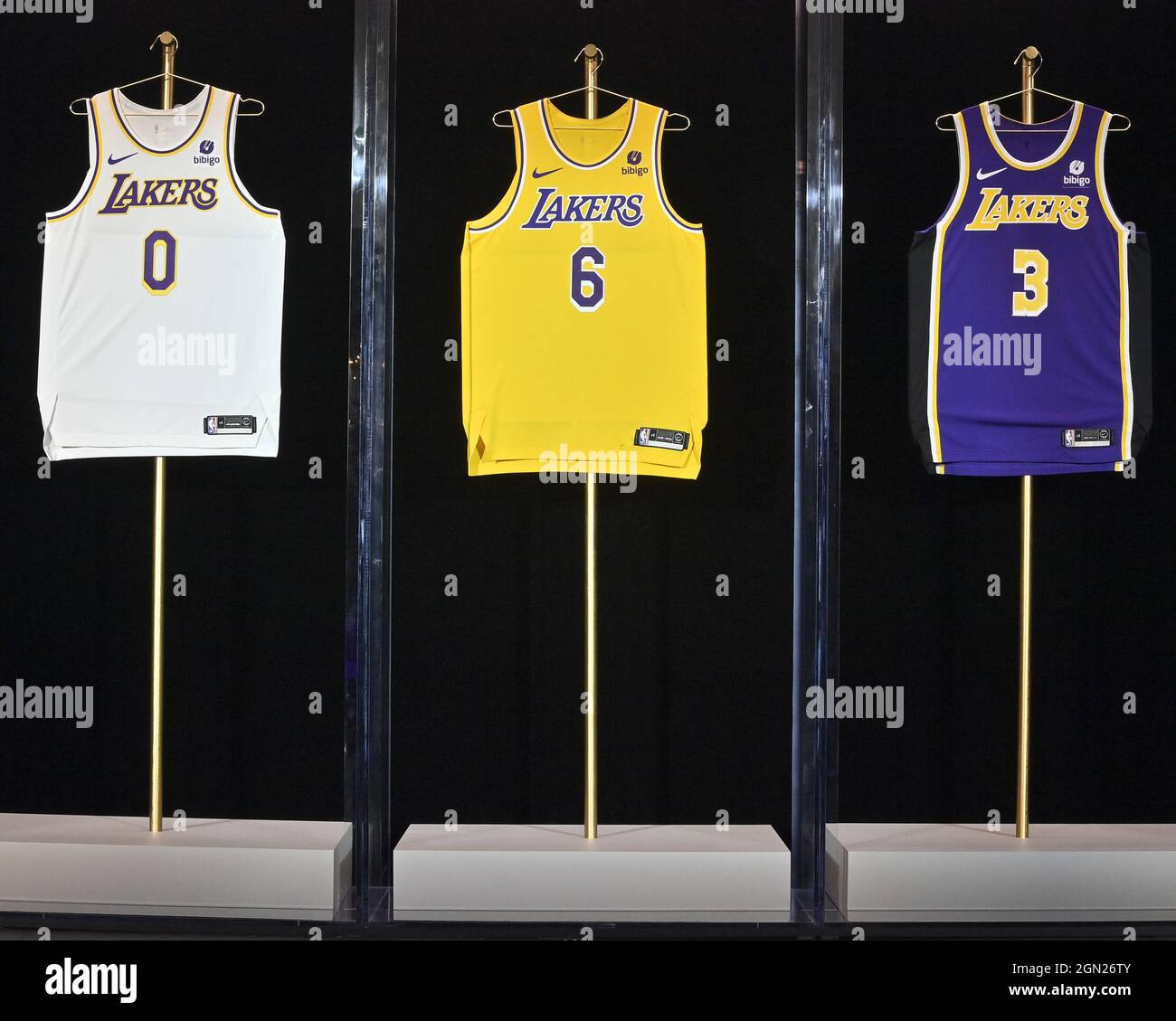 New Los Angeles Lakers' jerseys with a Bibigo patch are displayed during the team's kick-off event to announce a new global marketing partnership with Bibigo, a popular South Korean food company at the UCLA Health Training Center in El Segundo, California on Monday, September 20, 2021. Ahead of the 2017-18 NBA season, the NBA put into action its patch program that allowed NBA teams to rent out a small square (2.5 inches by 2.5 inches) on the left shoulder of their jerseys to outside companies. The Lakers' $100 million partnership with Bibigo is now the largest jersey patch deal in the NBA. It' Stock Photo