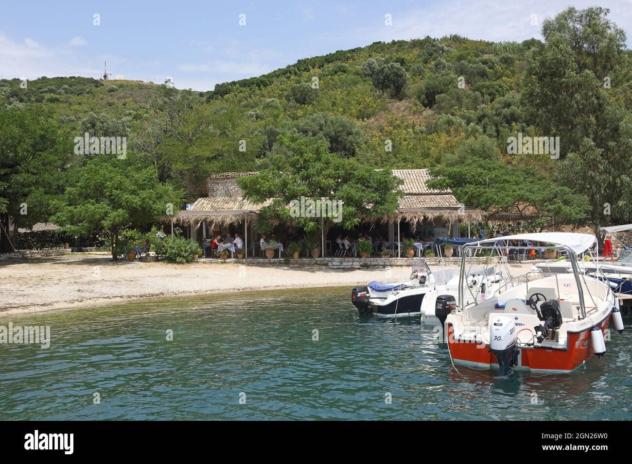 Taverna Eucalyptus, Agios Stefanos, Corfu Island, Ionian Islands, Greece Stock Photo