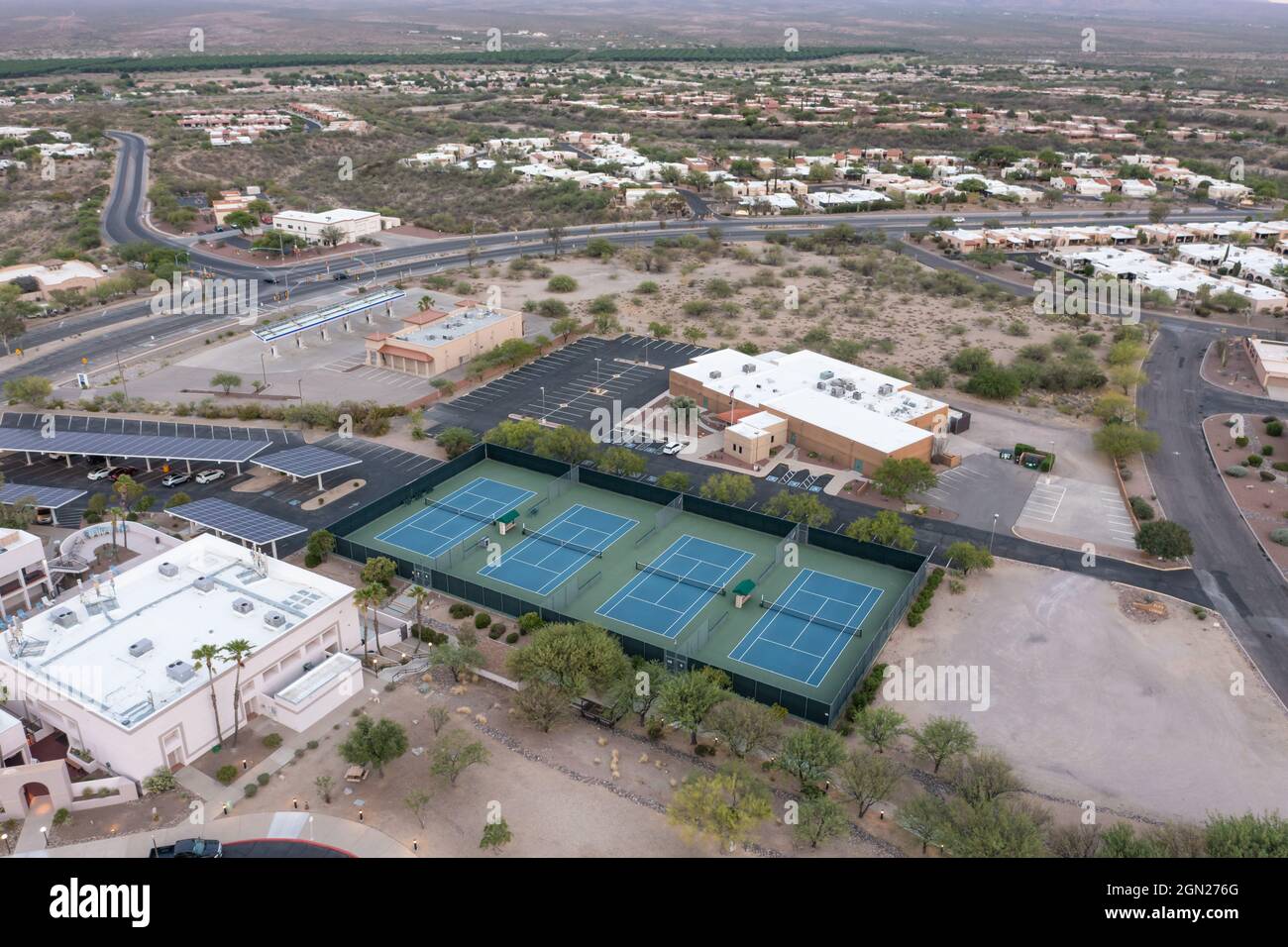 Aerial view of small community and tennis courts Stock Photo