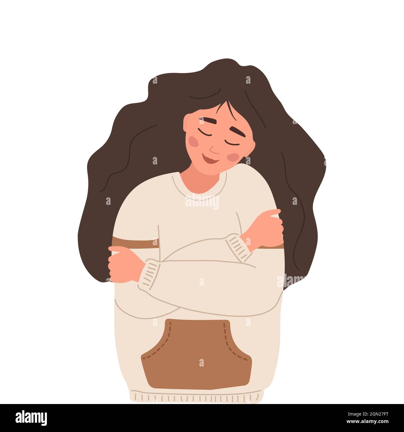 Premium Vector  Happy young woman hugging herself with enjoying emotions  isolated vector flat cartoon illustration