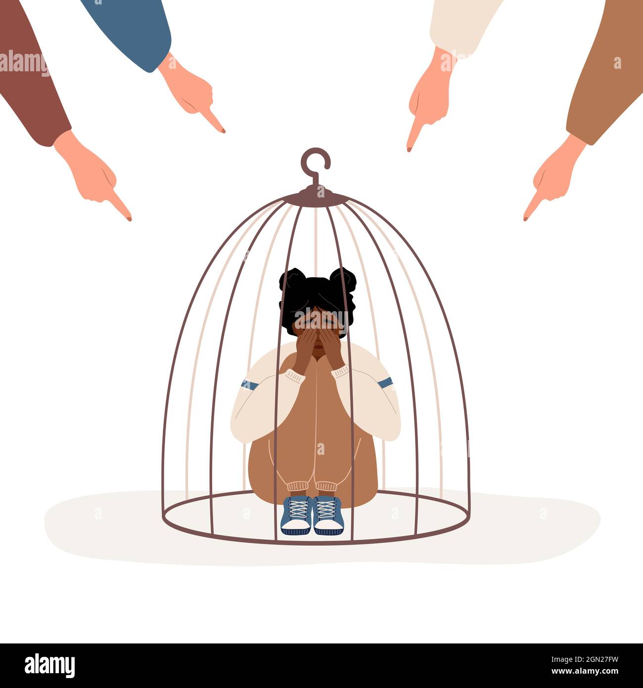 Girl locked in cage. Fingers pointing on sad african woman. Depressed teenager hugging knees and crying. School bullying. Empowerment movement. Vector Stock Vector