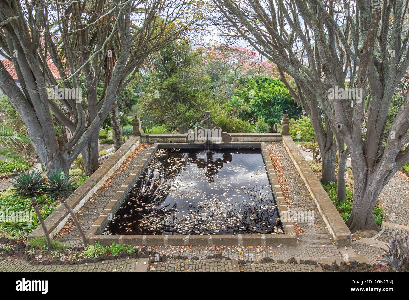 Shaded pool with a fountain seen from above in the historic Duke of Terceira Garden (Jardim Duque da Terceira) in Angra do Heroismo on Terceira Island Stock Photo