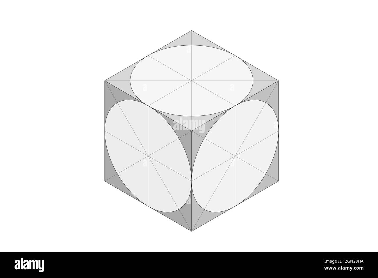 isometric drawing of a cube with circles inscribed Stock Photo