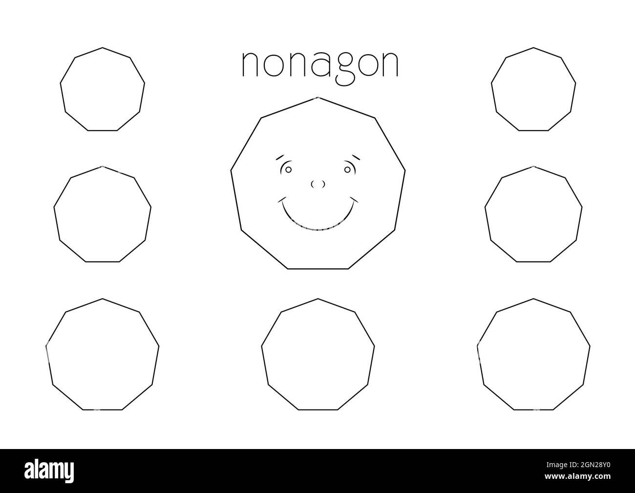 basic plane figure with nine sides, educative coloring page for kids with one big cartoon nonagon and seven more shapes to color Stock Photo