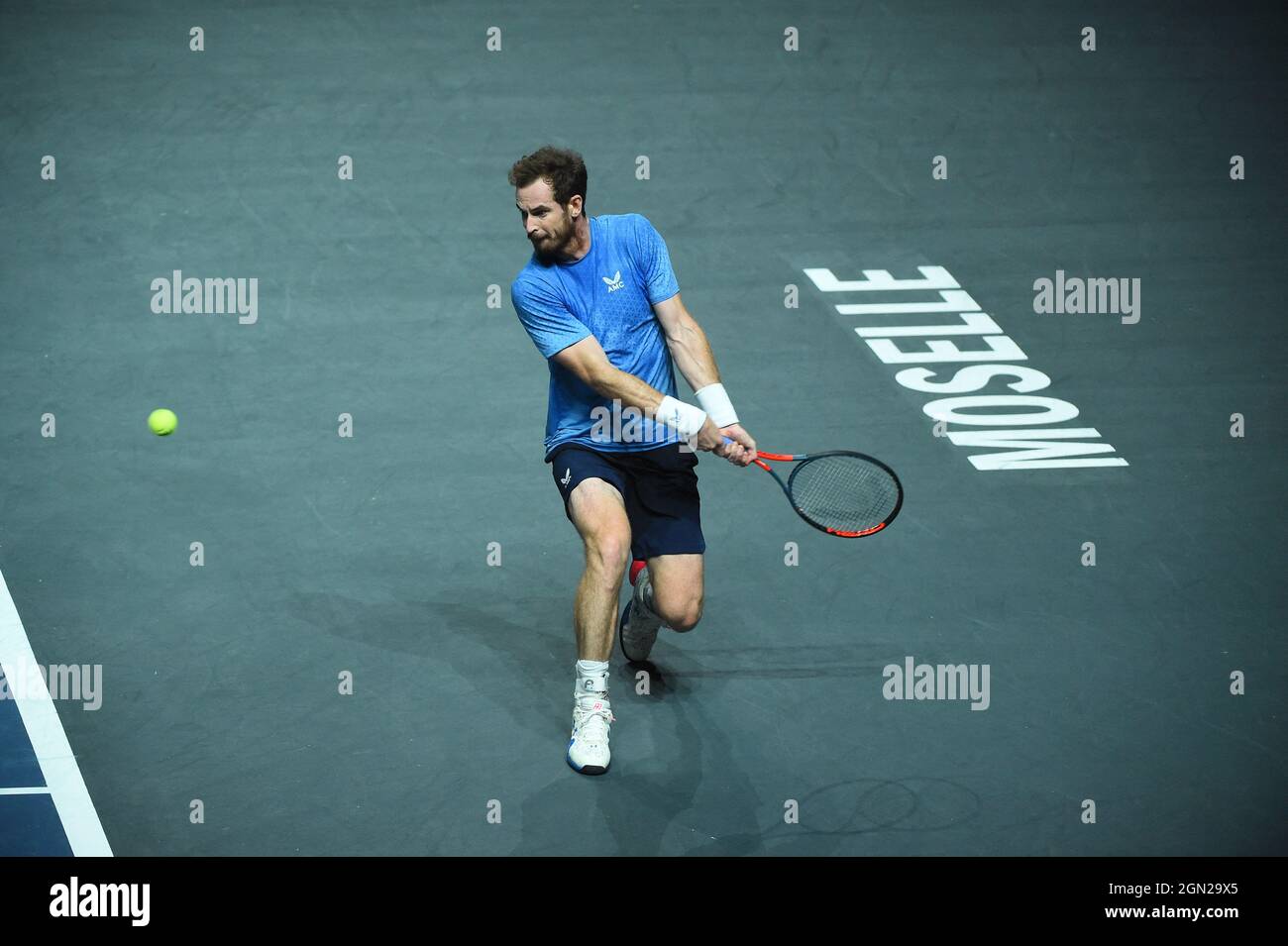 Metz, France, September 21, 2021. Andy Murray (GBR) during his first round match at the Moselle Open at Les Arenas de Metz, Metz, FRANCE, on September 21, 2021. Photo by Corinne Dubreuil/ABACAPRESS.COM Stock Photo
