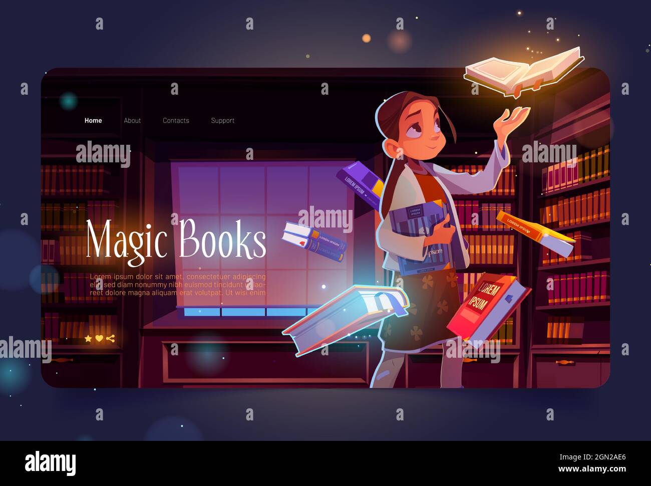 Magic books cartoon landing page, young girl in library at night time with  glowing volumes flying around. Curious child in dark reader club room with  bookcases, reading hobby, Vector web banner Stock