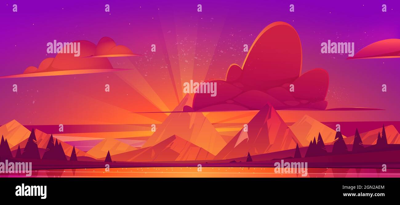 Sunset in mountains scenery landscape, nature view. Beautiful pink or purple cloudy sky and dusk sun Sunset in mountains scenery landscape, nature view. Beautiful pink or purple cloudy sky and dusk sun