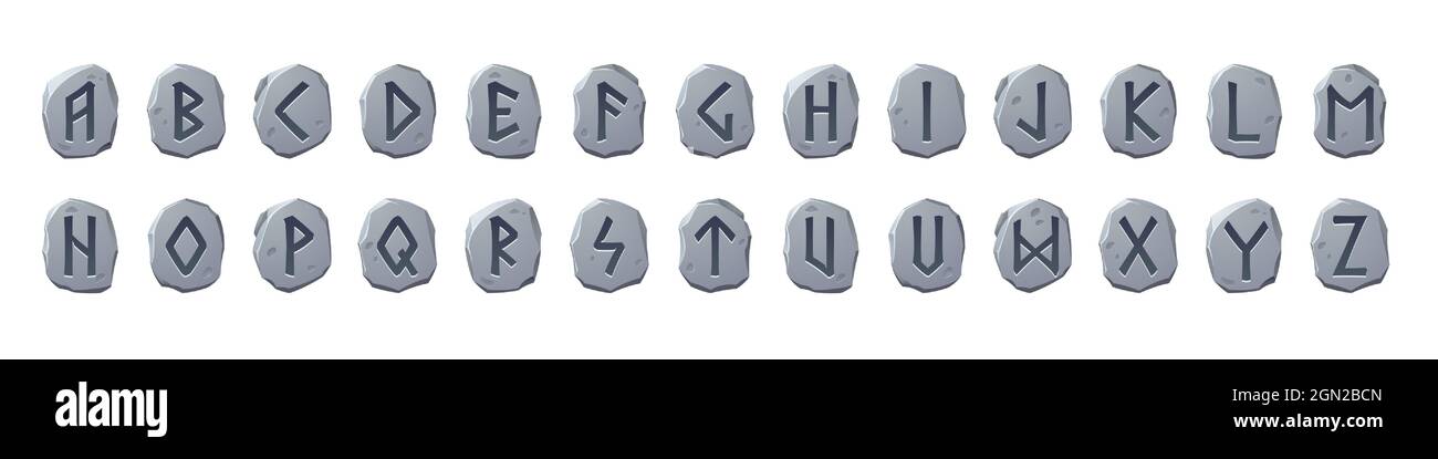 Viking runes alphabet, celtic font with ancient runic signs on grey stone pieces. Abc nordic style scandinavian letters, futark type symbols, game or ui graphic design elements, Cartoon vector set Stock Vector