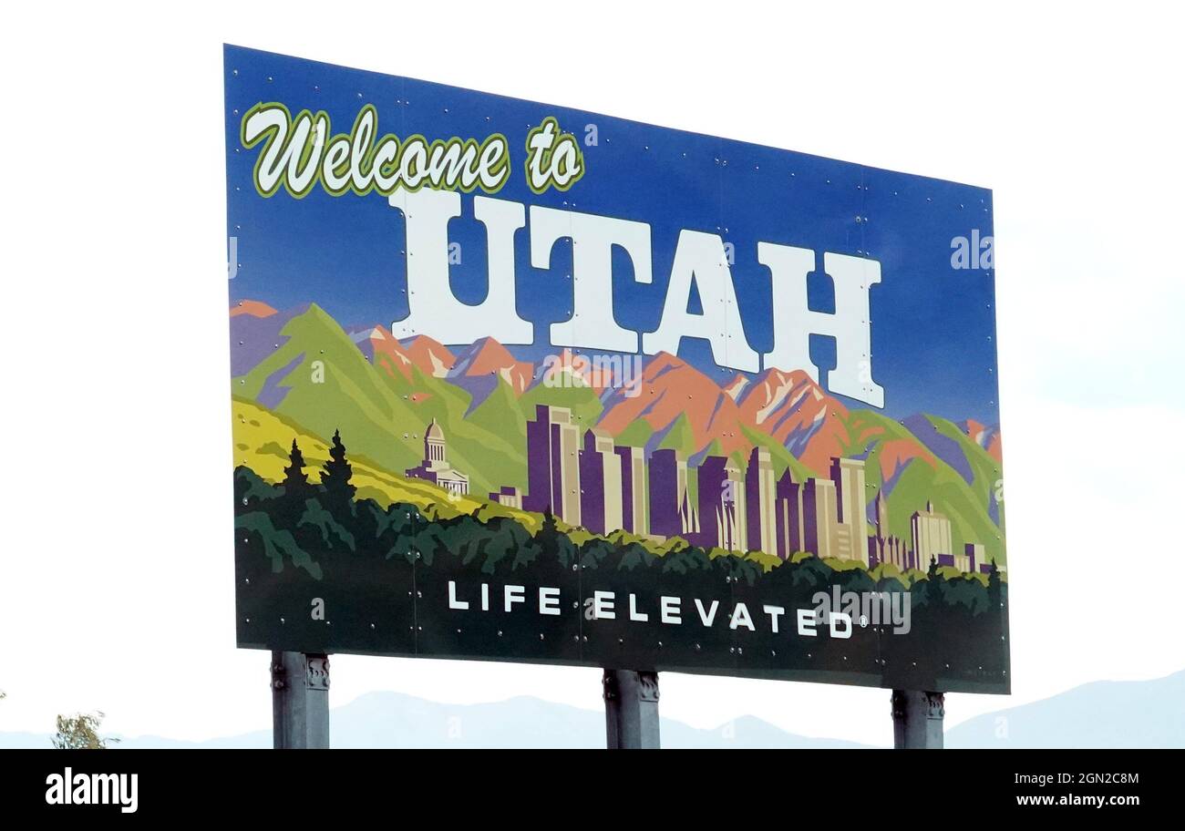 A Welcome to Utah sign near the Salt Lake City International Airport, Saturday, Sept. 18, 2021, in Salt Lake City. Stock Photo