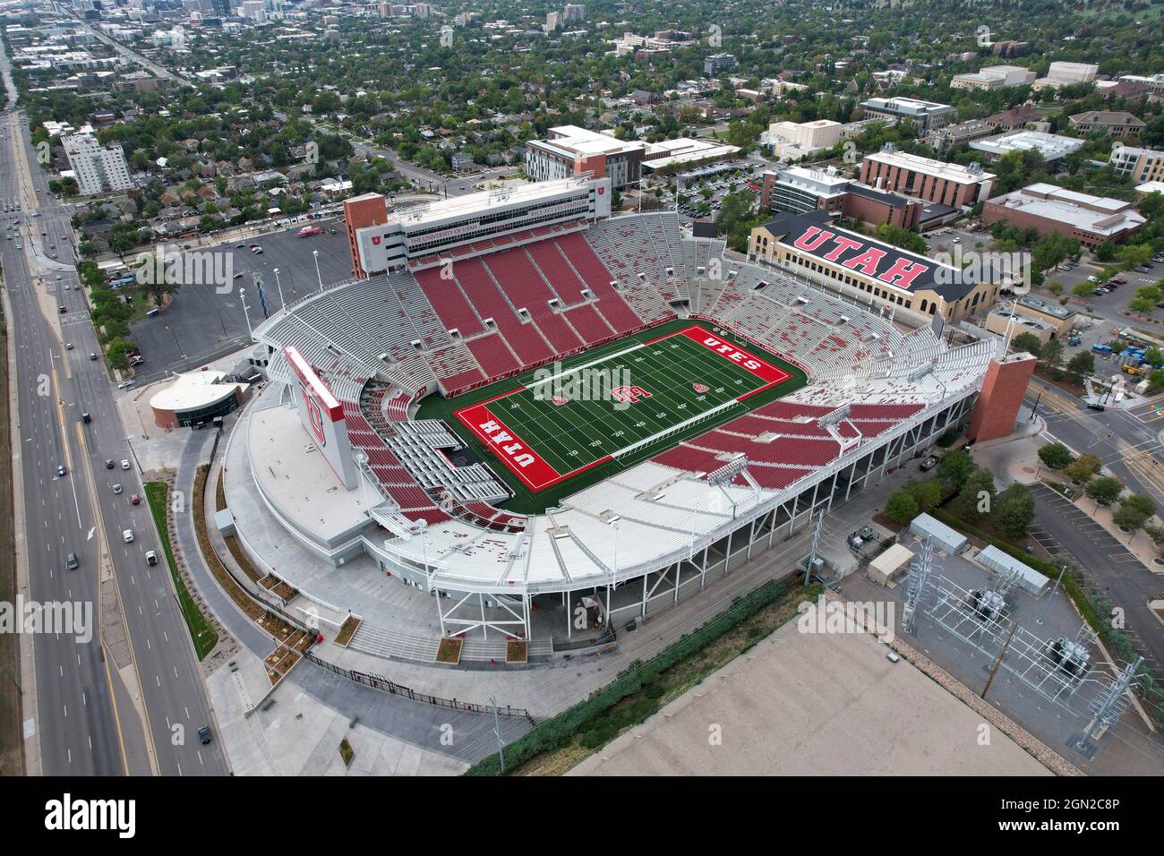 An aerial view of RiceEccles Stadium on the campus of the University