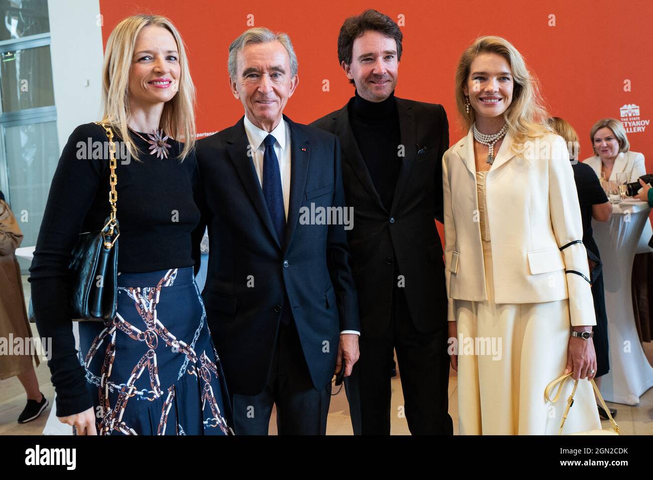 Paris, France on September 21, 2021. Bernard Arnault, CEO of LVMH, his  daughter Delphine Arnault, his son Antoine Arnault and his daughter-in-law  Natalia Vodianova during the opening of the exhibition of 'The