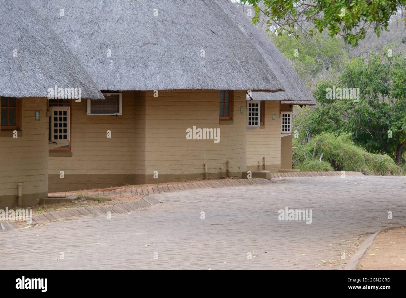 Road inside Pretoriouskop Rest Camp with traditional thatch roof huts or rondawel accommodation tin Kruger National Park game reserve in South Africa Stock Photo