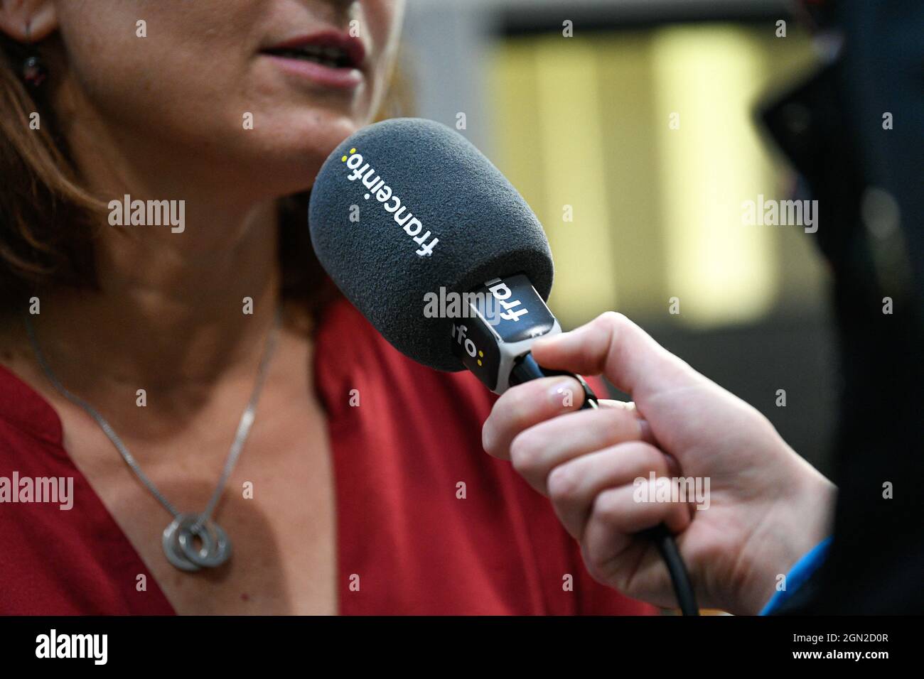 Paris, France, September 21, 2021, Microphone illustration (mic, mike,  micro) of French free-to-air TV news journalist channel "Franceinfo or " France Info" (Radio France Group) during the unveiling of the new 2024 Paris