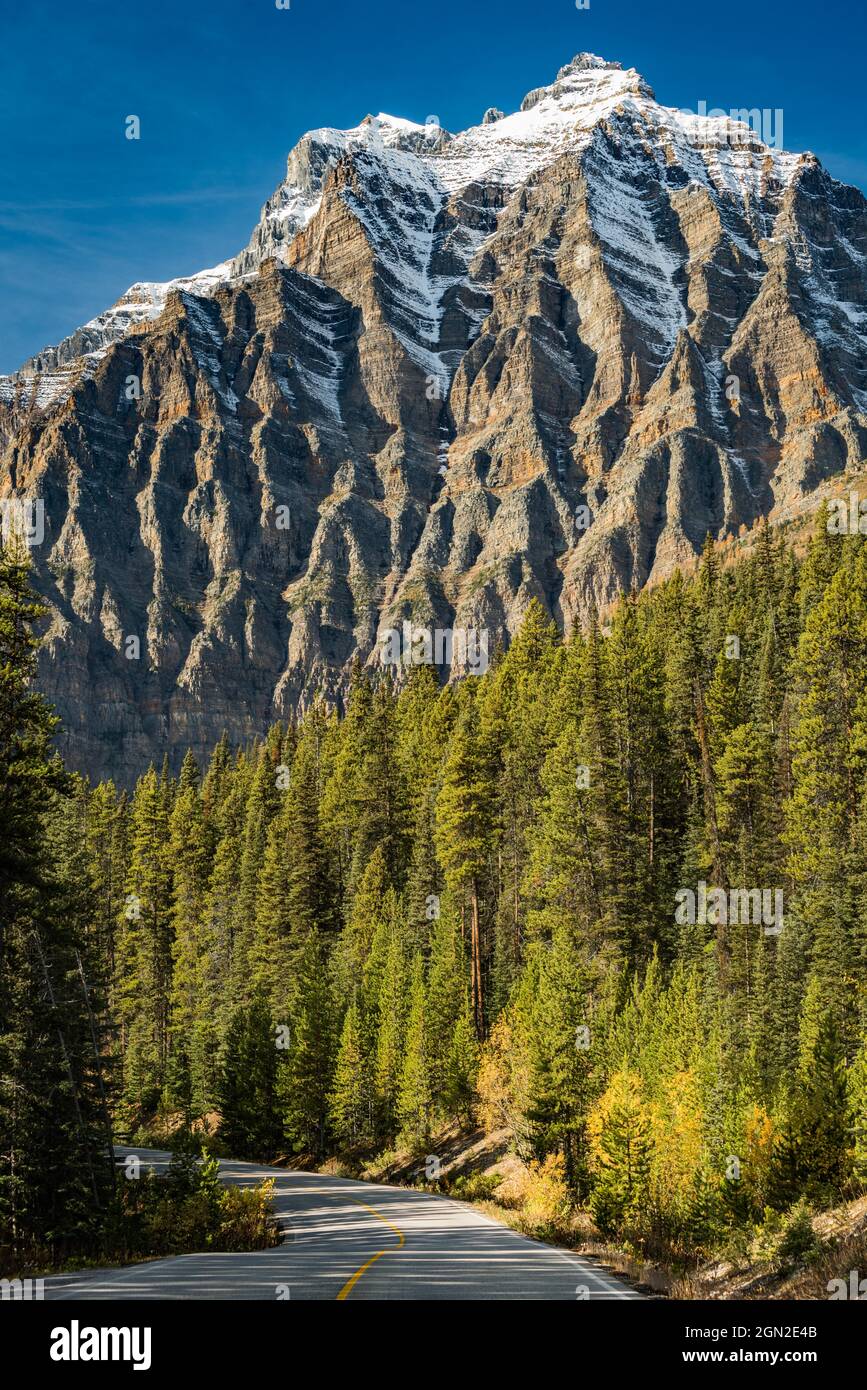 CANADA, ALBERTA, BANFF PARK. VIEW FROM THE ROAD ON THE SNOWY TEMPLE MOUNT Stock Photo