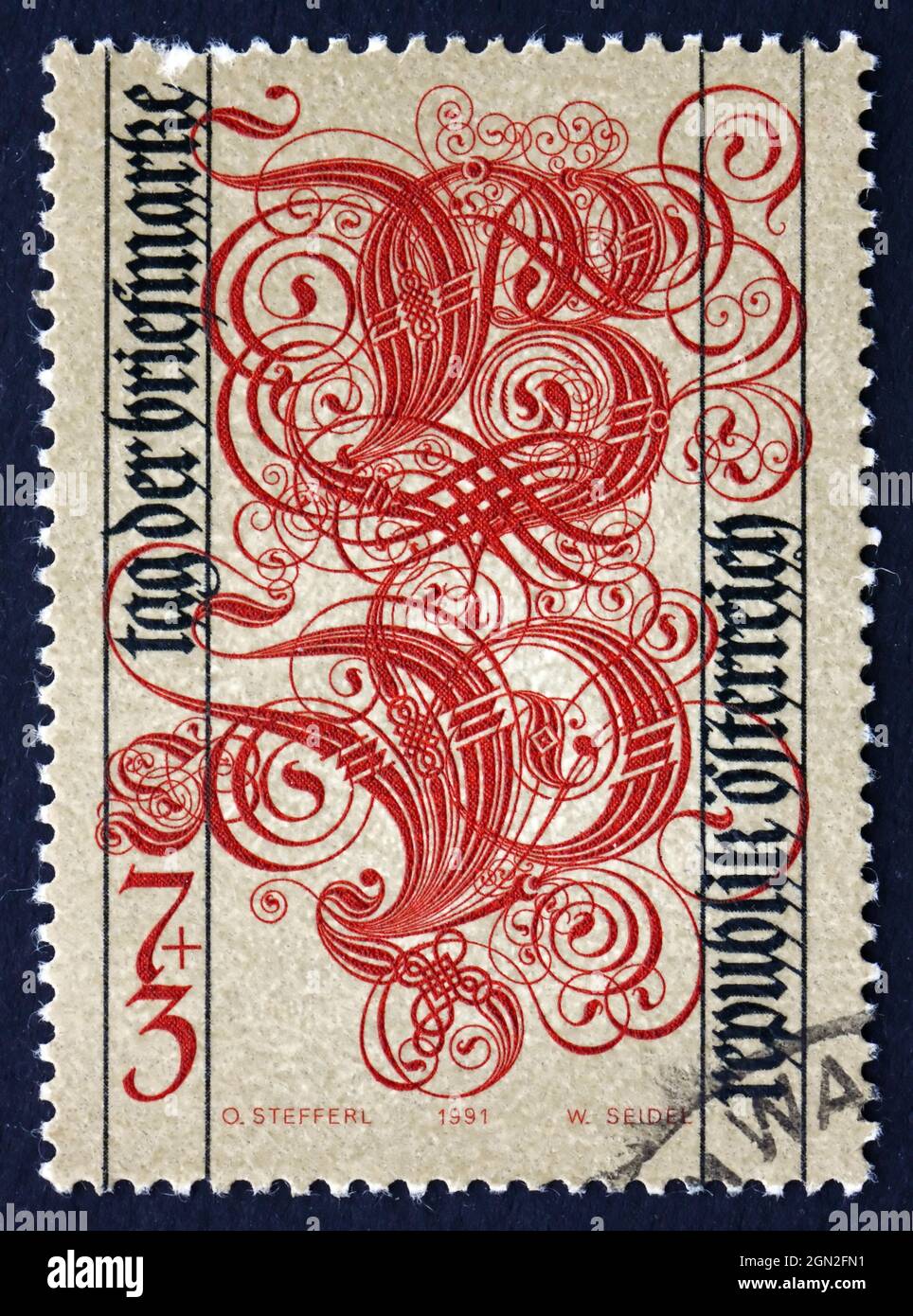 AUSTRIA - CIRCA 1991: a stamp printed in the Austria shows Letters B for Briefmarke and P for Philatelie, Stamp Day, circa 1991 Stock Photo