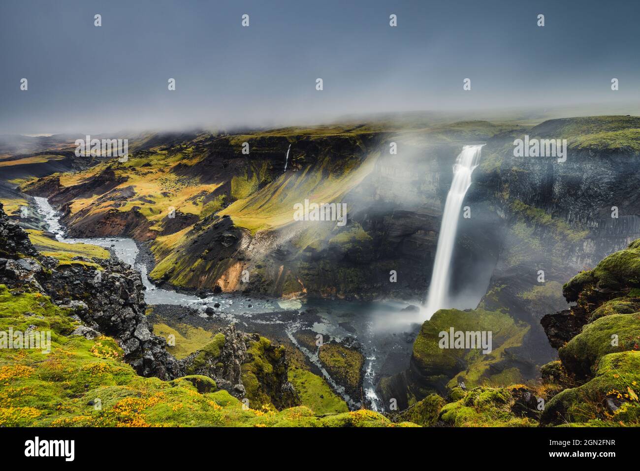 ICELAND, GENERAL VIEW OF HAIFOSS WATERFALL, ICELAND'S SECOND HIGHEST WATERFALL Stock Photo