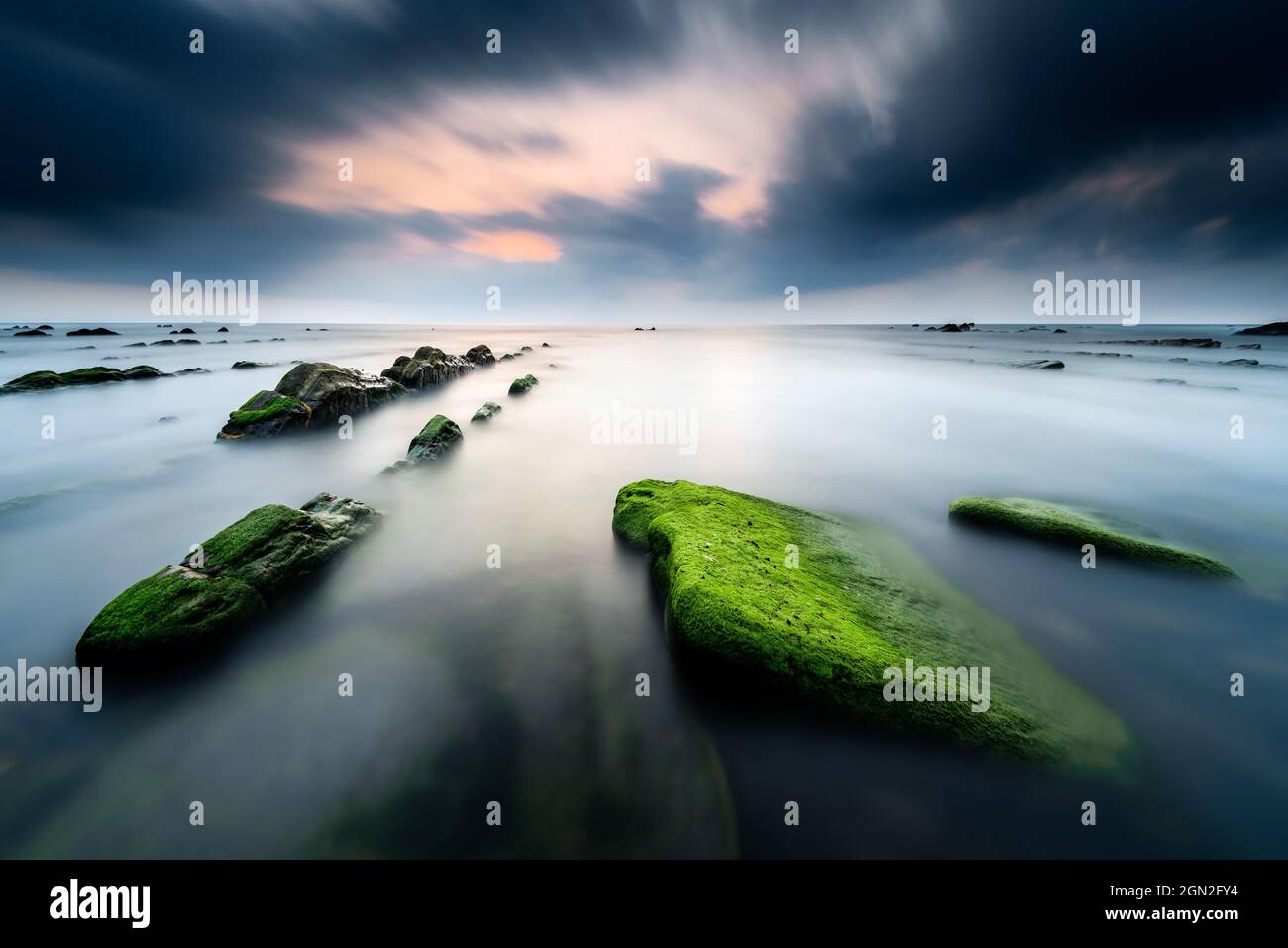 SPAIN, BASQUE COUNTRY, BISCAY, BARRIKA. CUT OUT ROCKS COVERED WITH GREEN ALGAE AT SUNSET WITH A STORMY SKY Stock Photo