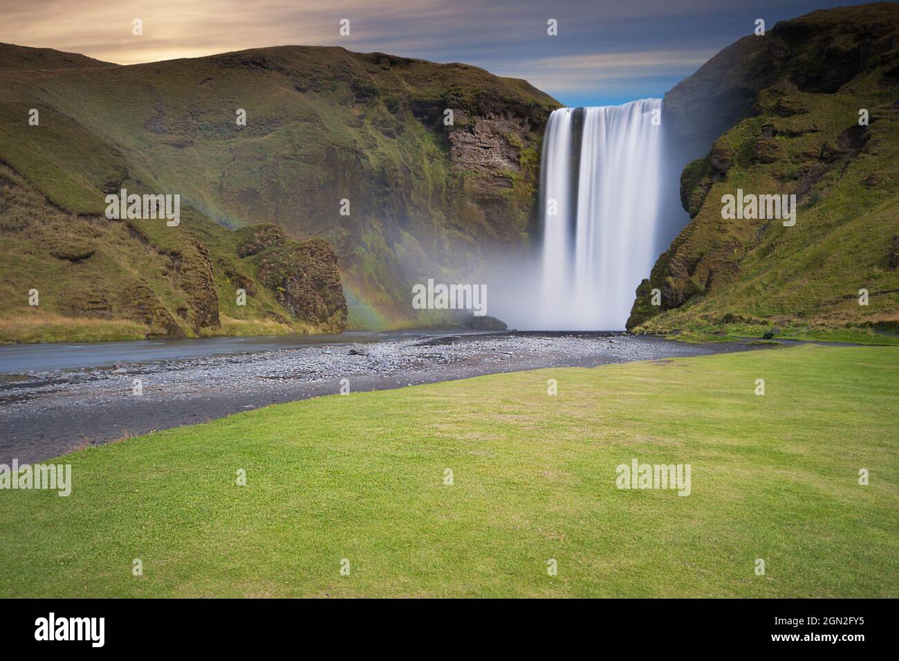 ICELAND, GENERAL VIEW OF SKOGAFOSS WATERFALL IN LONG EXPOSURE Stock Photo