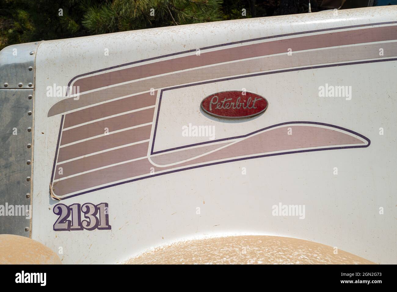 The front side of a semi truck with the Peterbilt logo in Idaho, USA Stock Photo