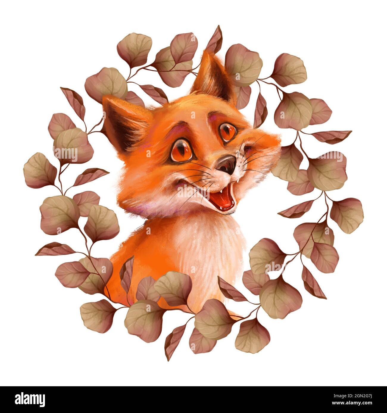 Cute fox with wreath frame of autumn leaves Stock Photo - Alamy