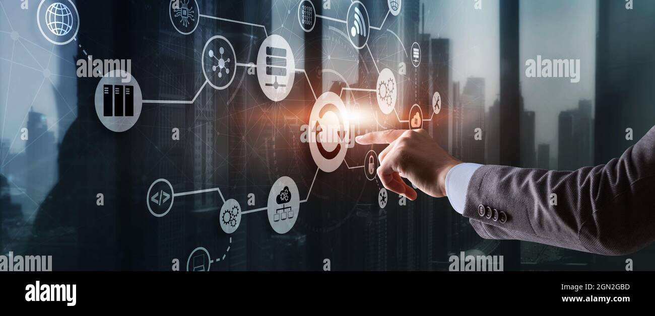 Man clicks on the Update icon. Upgrading concept. Stock Photo