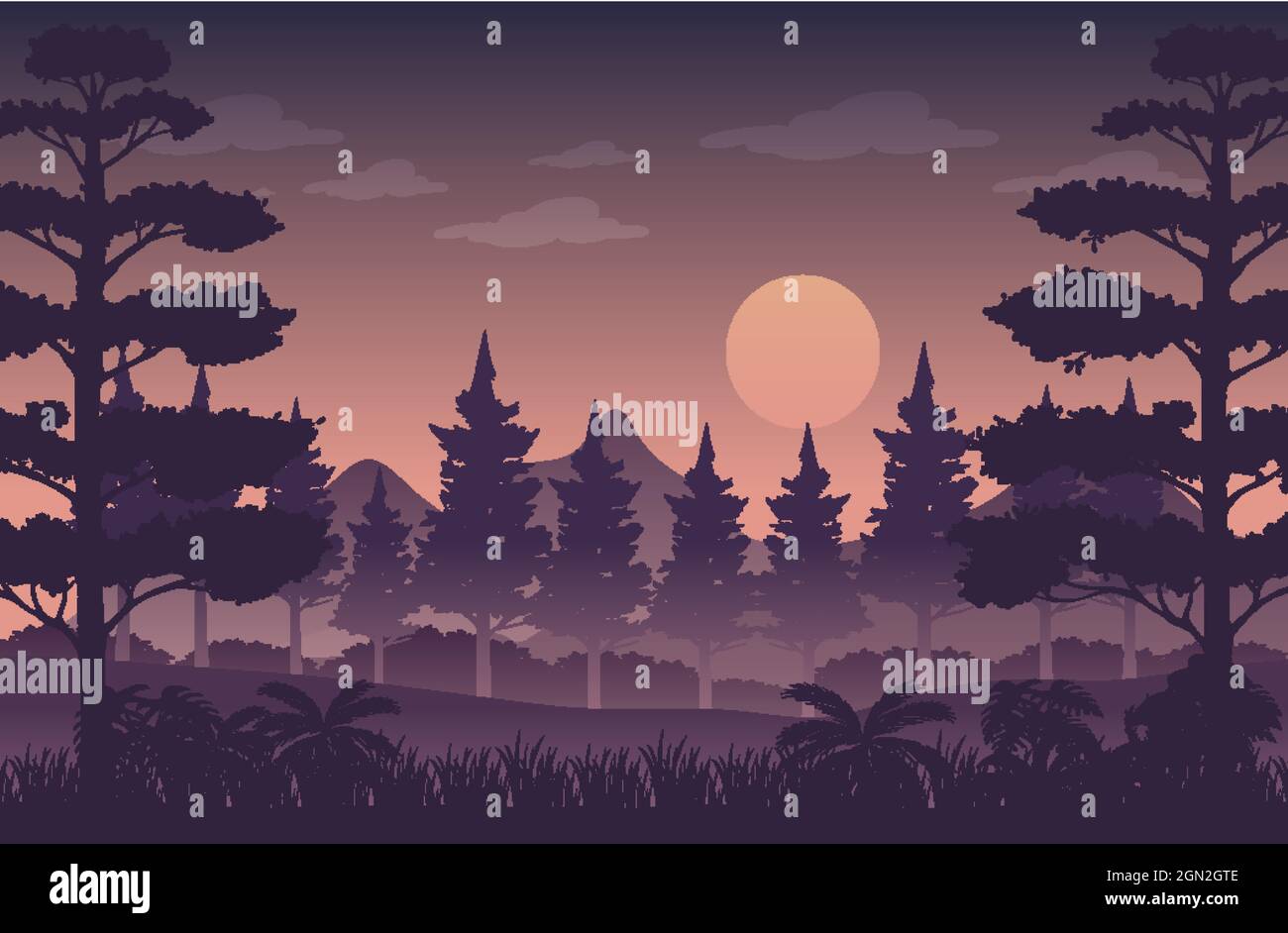 Silhouette twilight forest landscape background illustration Stock ...